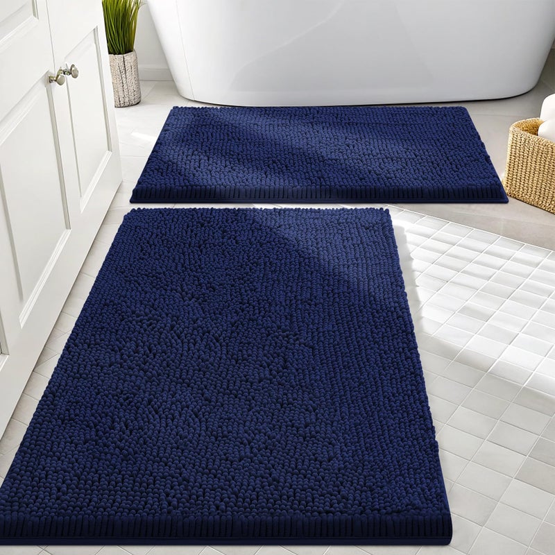 Smiry Bathroom Rugs Sets 2 Piece, Soft Absorbent Chenille Machine Washable Non Slip Shaggy Bath Rug Set for Tub, Shower, and Floor (30x20+24x16, Navy Blue) - Image 1